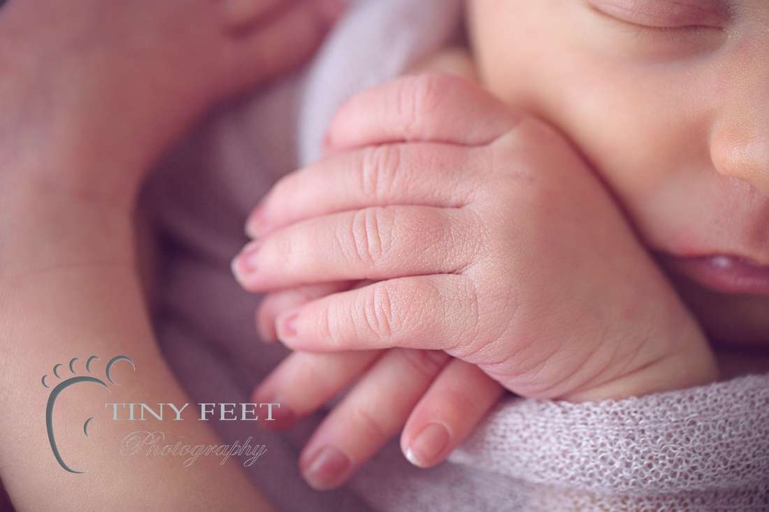 Tiny Feet Photography, Macro detailed shots newborn baby fingers in pink wrap in a bowl