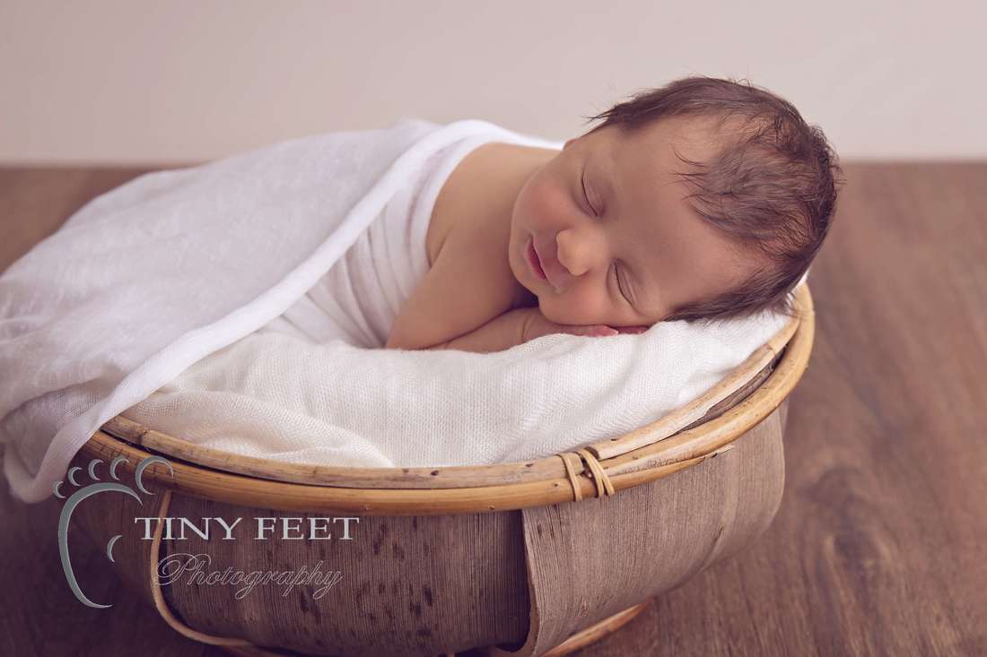 Tiny Feet Photography, newborn baby girl on tummy posed in coconut bowl