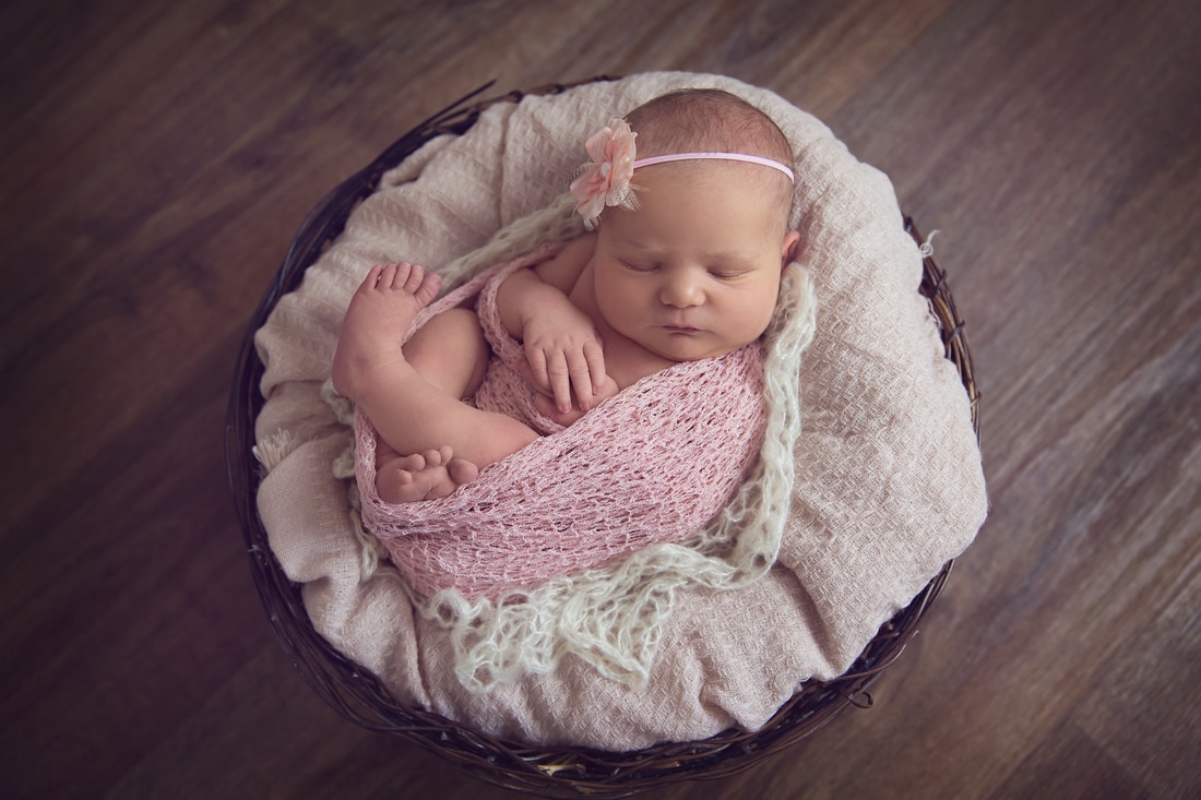 Tiny Feet Photography newborn baby posed in bowl with pink wraps