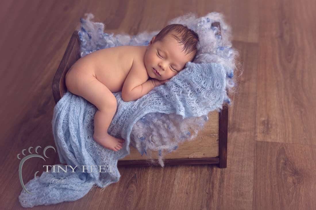 Tiny Feet Photography baby boy posed in bed prop on blue