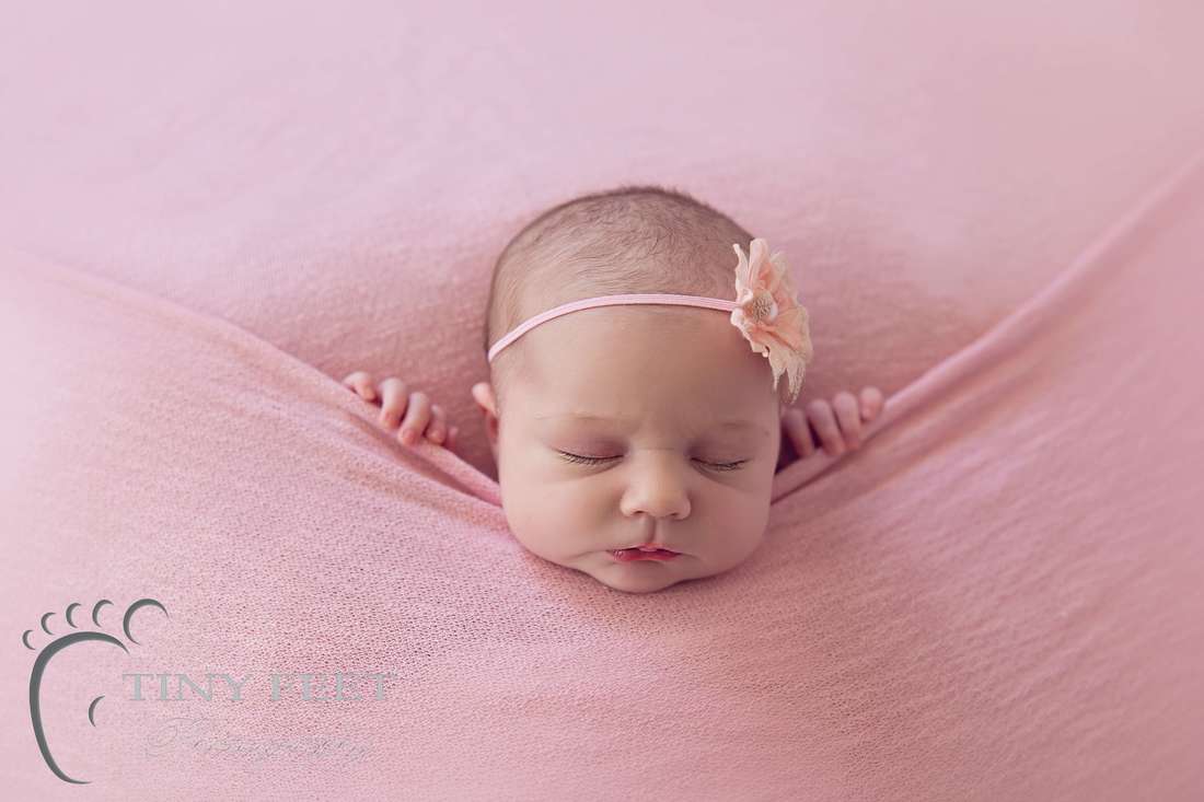 Tiny Feet Photography Newborn baby girl in tucked in pose in pink blanket