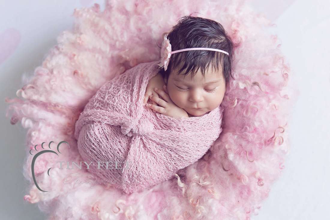 Tiny Feet Photography newborn baby girl posed in pink curly felt