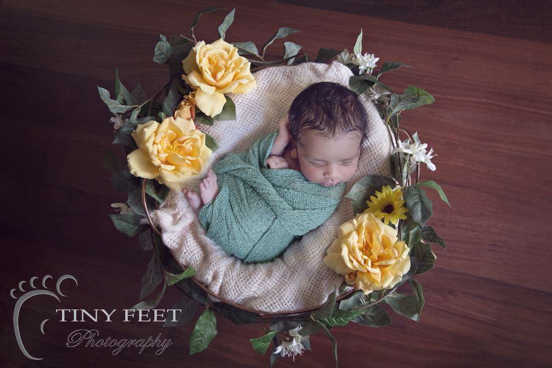 newborn baby boy in green posed with flowers