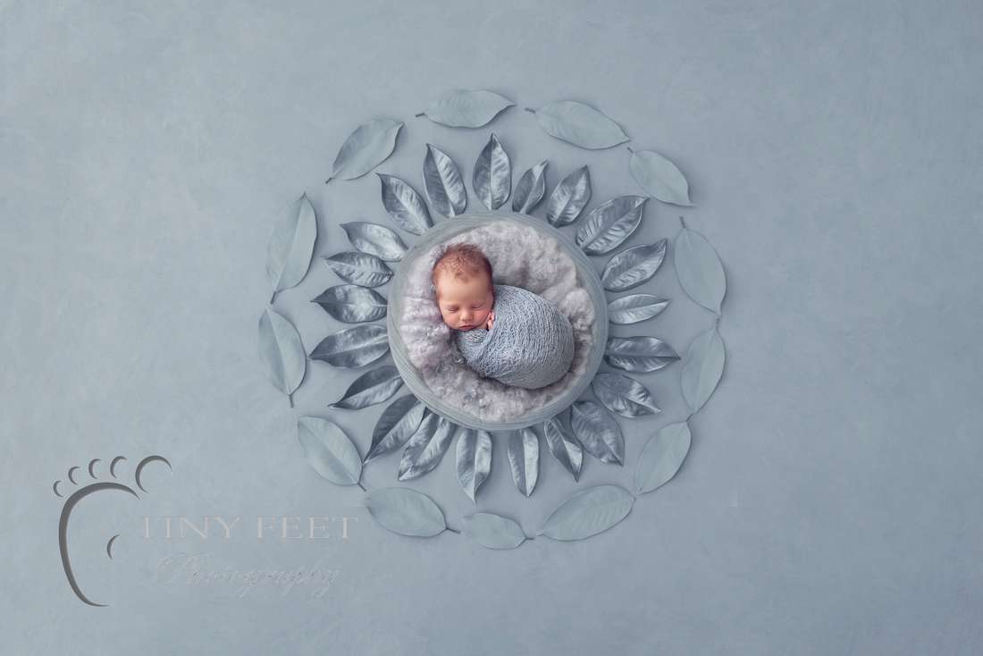 Tiny Feet Photography baby boy posed in Luisa dunn blue digital backdrop