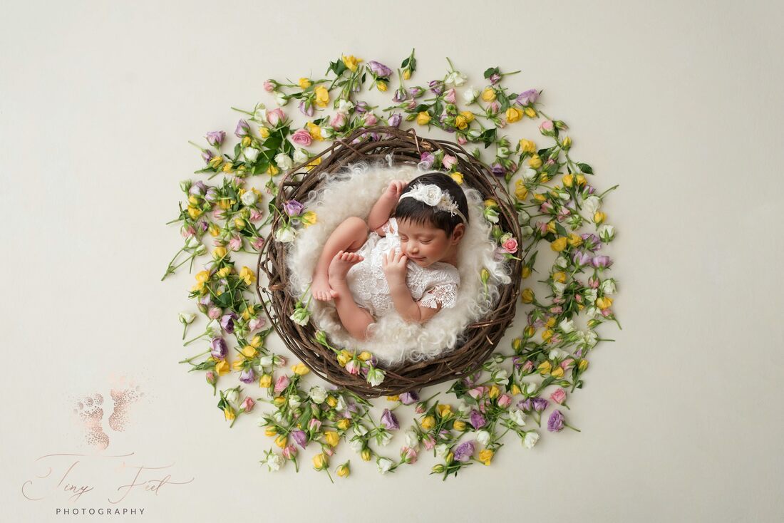 Tiny Feet Photography image of a sweet baby girl in white lace in a bowl surrounded by flowers and lace