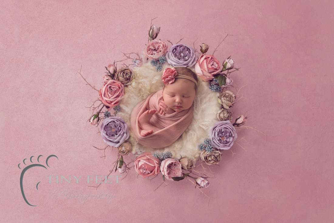 Tiny Feet Photography Perth newborn girl photographed on Luisa Dunn digital backdrop