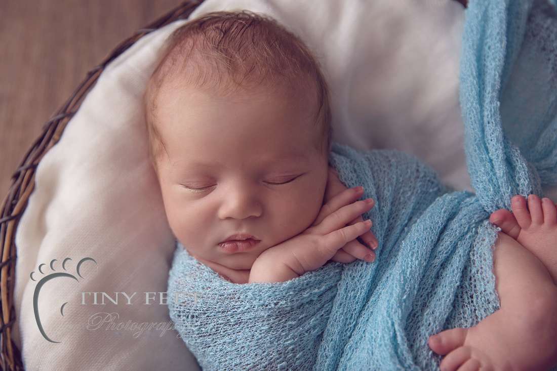 Tiny Feet Photography, newborn baby boy wrapped in blue