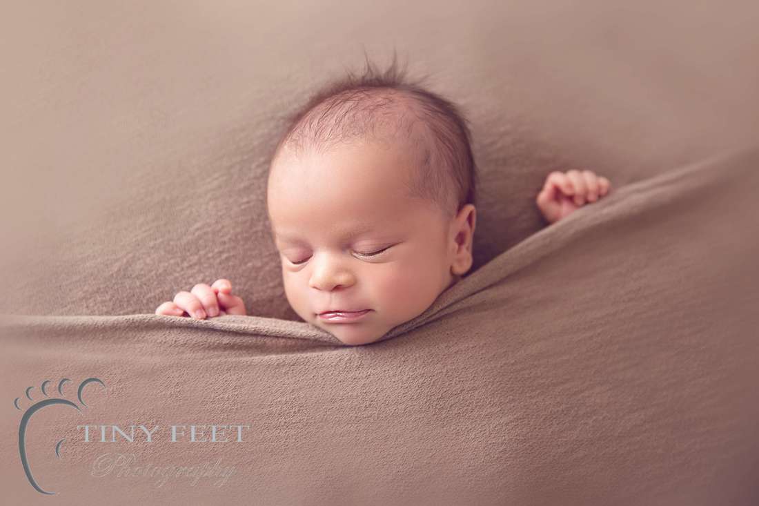 Tiny Feet Photography Newborn boy tucked in pose on brown stretch blanket