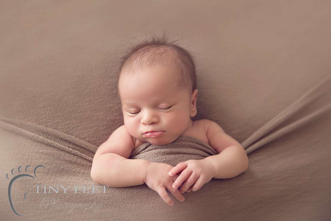 Tiny Feet Photography Newborn boy tucked in pose on brown stretch blanket 