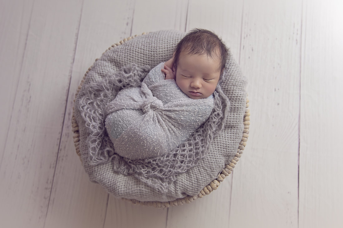 Tiny Feet Photography newborn baby boy posed in grey basket
