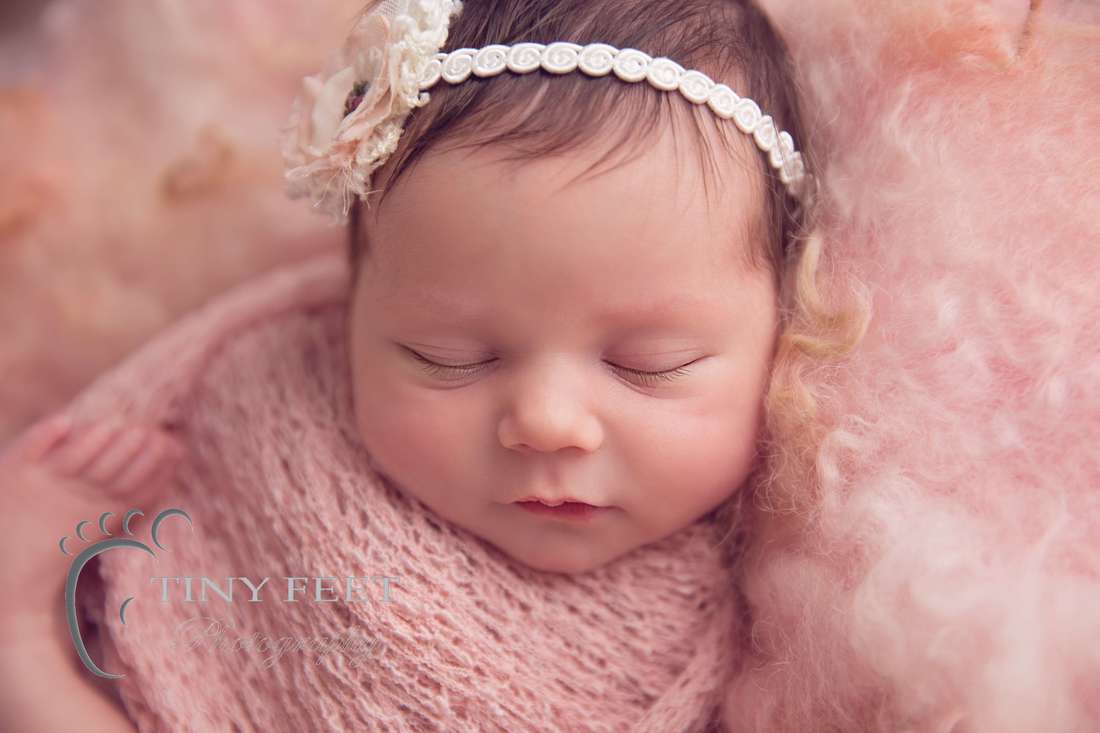 Tiny Feet Photography newborn baby girl in pink wrap with pink curly felt