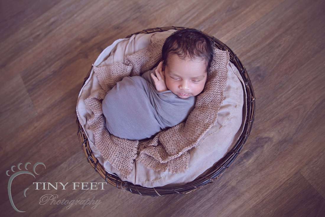 Tiny Feet Photography newborn baby boy posed in brown basket
