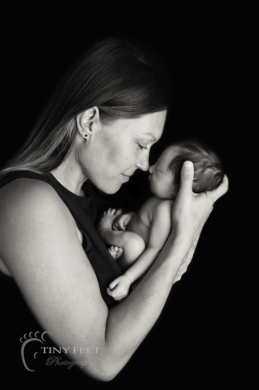 Tiny Feet Photography, newborn baby in black and white posed with mum