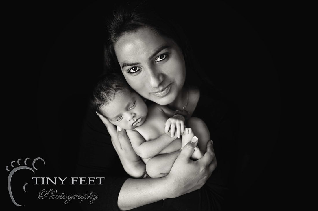 Tiny Feet Photography newborn baby posed with mum in black and white