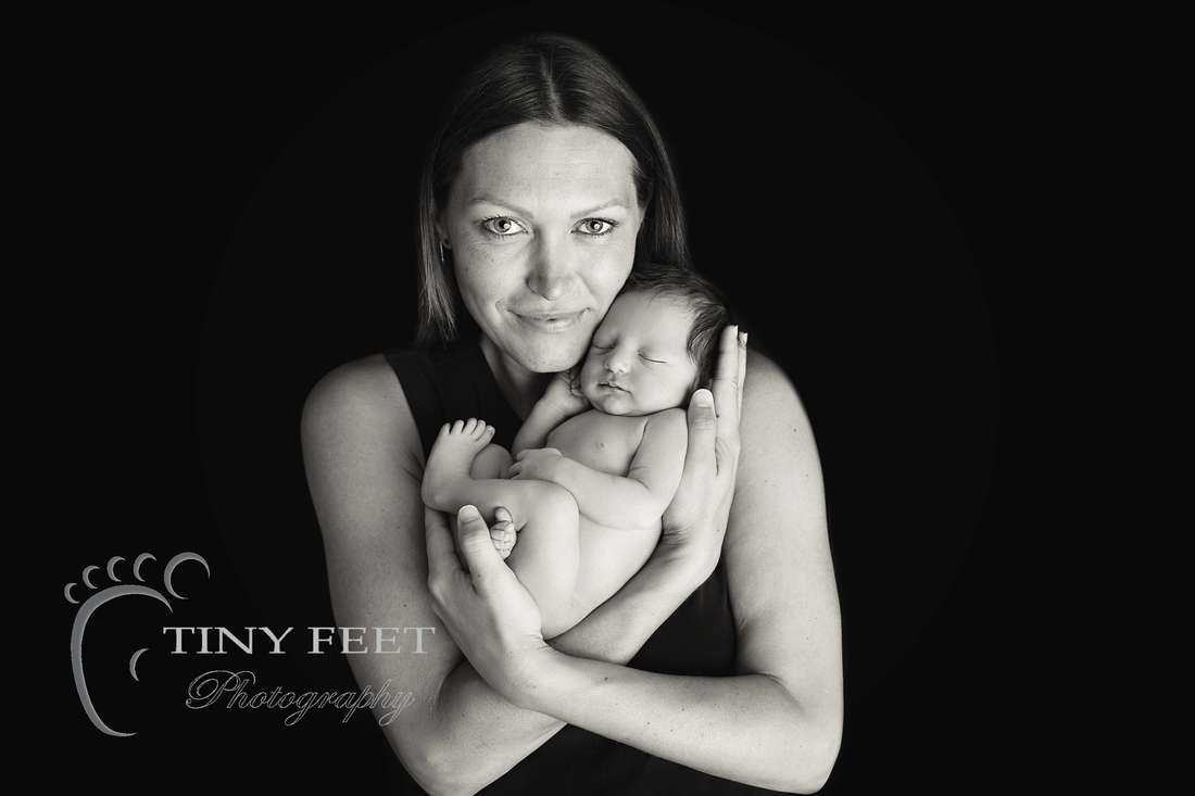 Tiny Feet Photography, newborn baby in black and white posed with mum