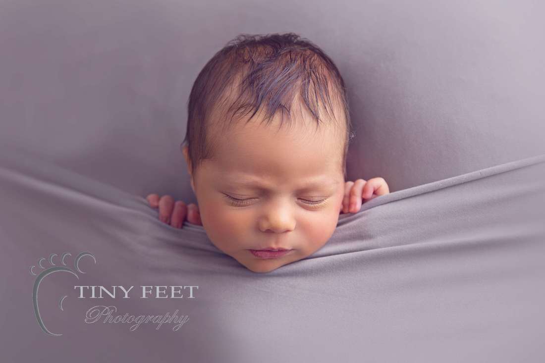 Tiny Feet Photography baby boy tucked in pose on grey blanket