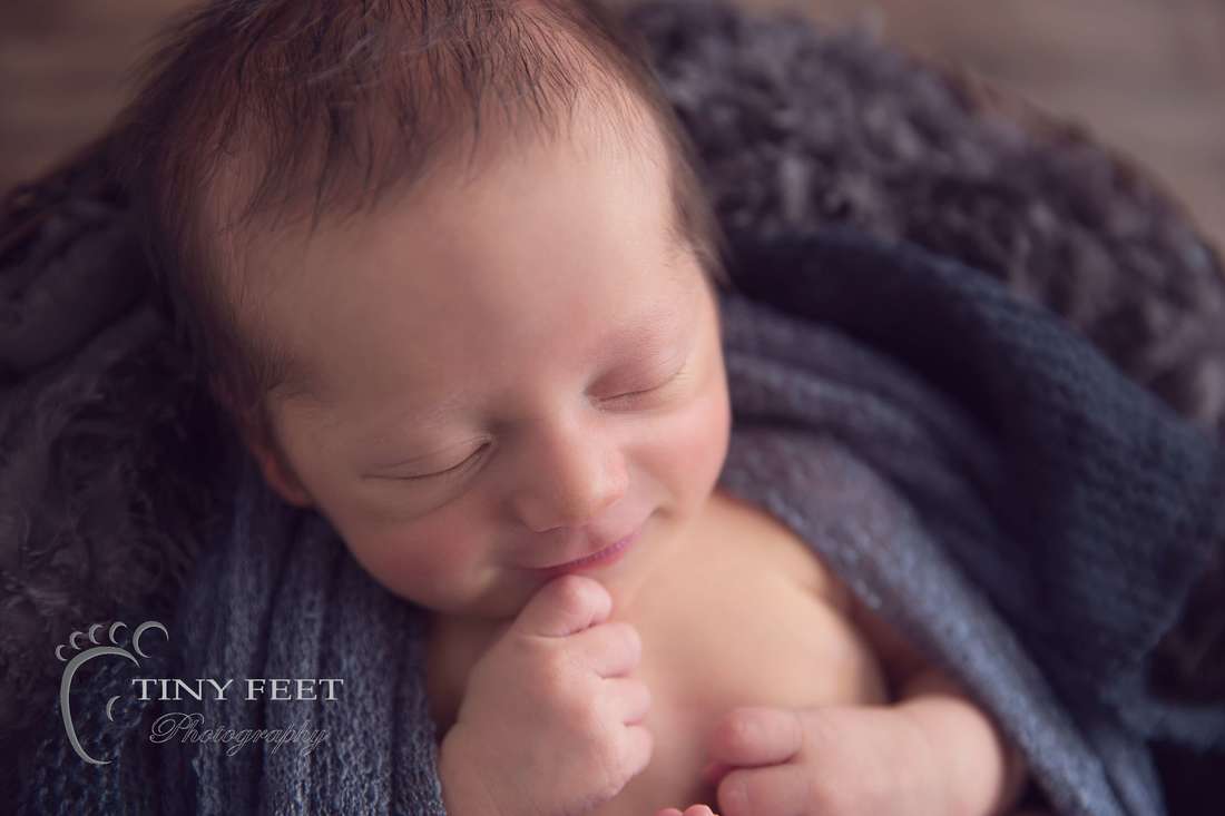 Tiny Feet Photography Newborn baby boy in bowl with grey wrap