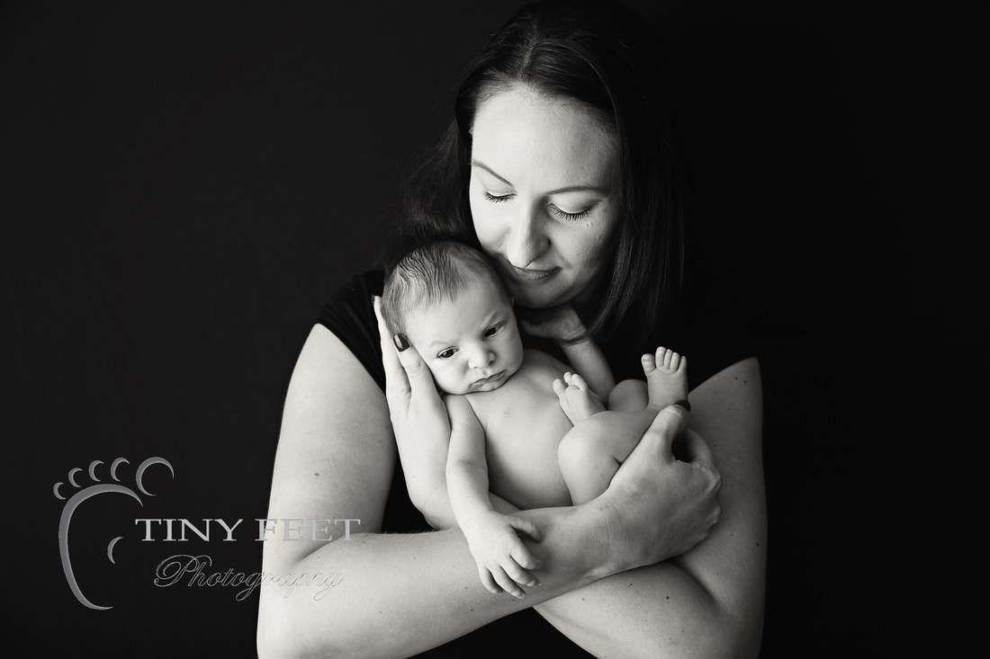 Tiny Feet Photography black and white shot of baby posed with mum