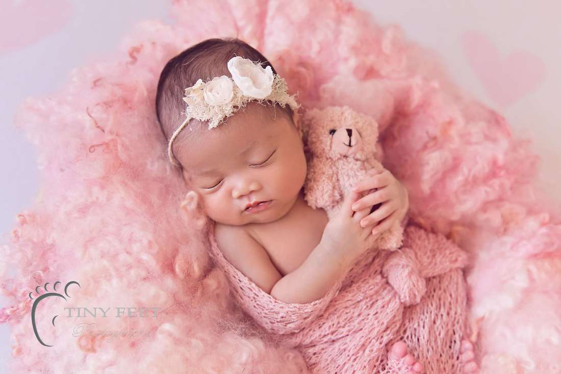 Tiny Feet Photography newborn baby girl in pink curly felt and teddy
