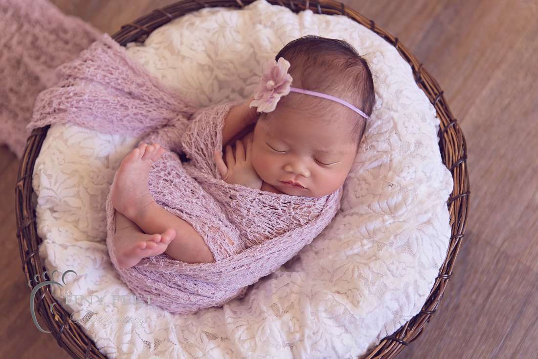Tiny Feet Photography newborn baby girl in purple wrap and basket