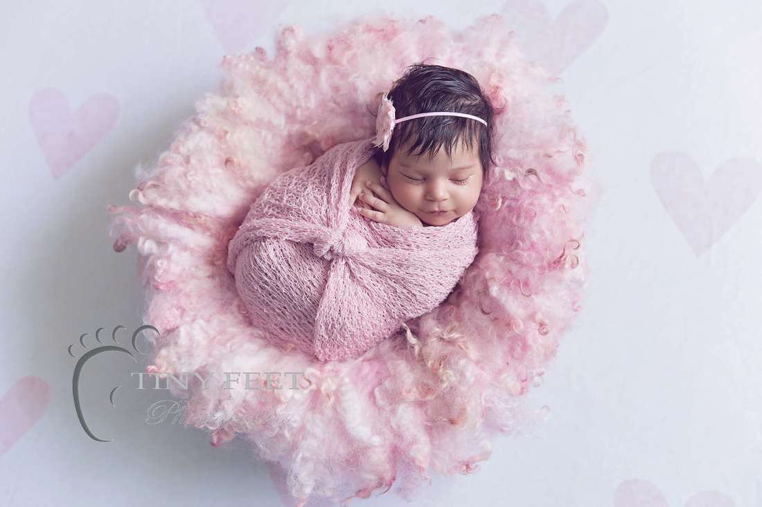 Tiny Feet Photography newborn baby girl posed in pink curly felt