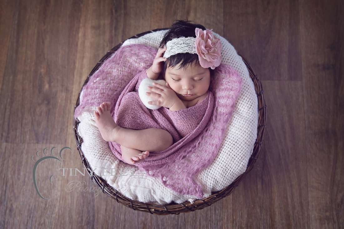 Tiny Feet Photography newborn baby girl posed in purple and cream blanket and wrap