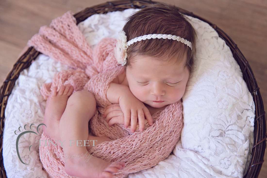 Tiny Feet Photography baby girl wrapped in pink posed in lace bowl