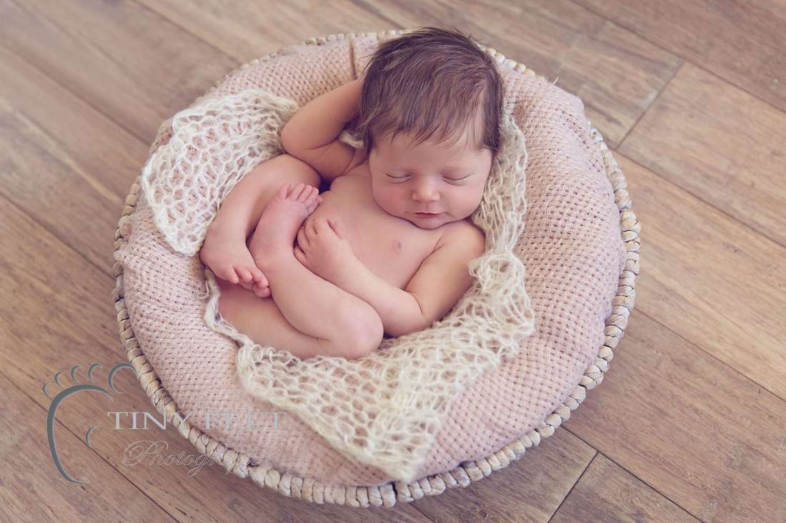 Tiny Feet Photography baby girl posed in white bowl on pink