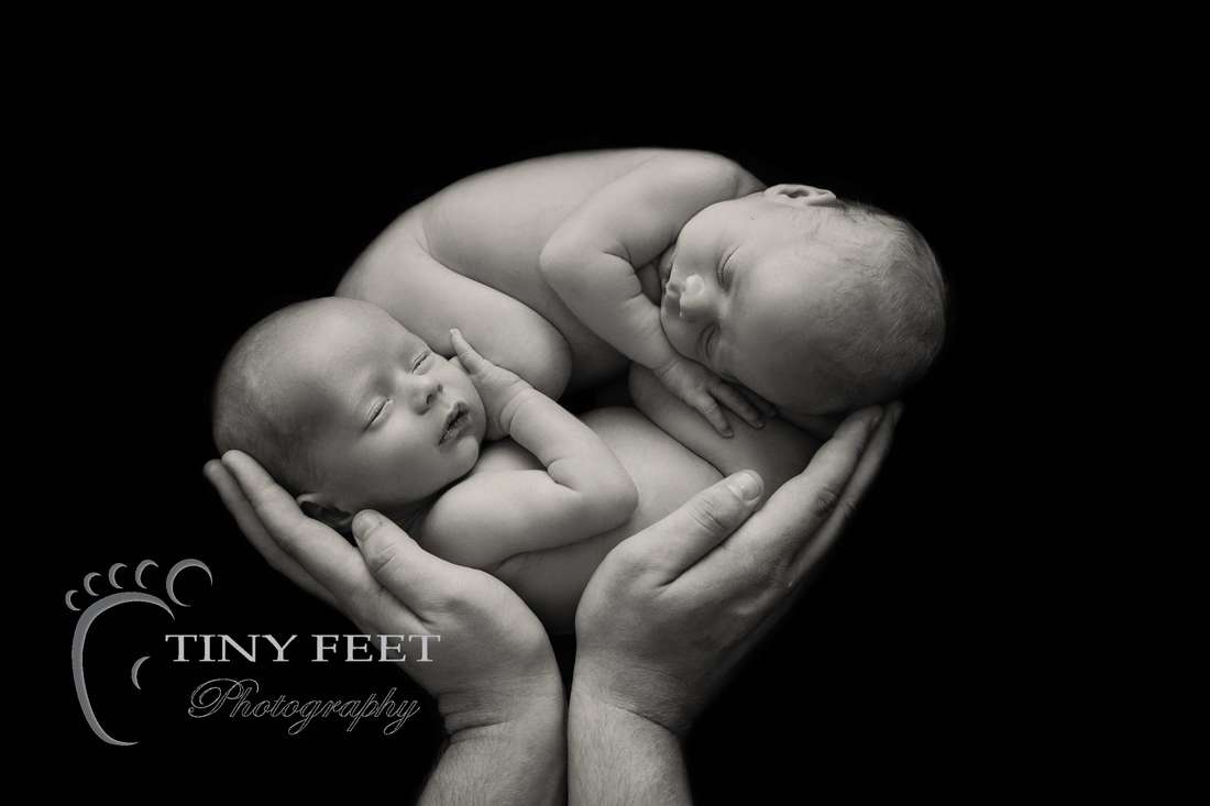 Tiny Feet Photography twin newborn boys in black and white womb pose