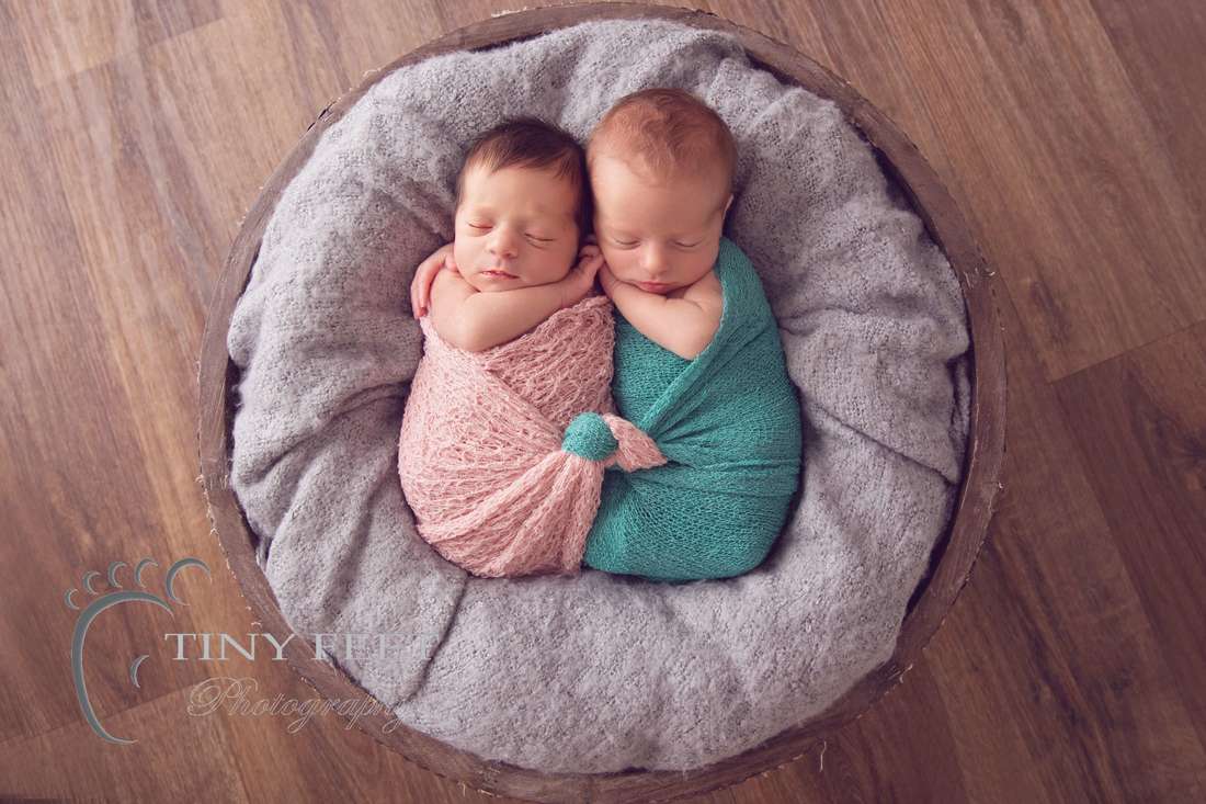 Tiny Feet Photography newborn twins posed in large bowl