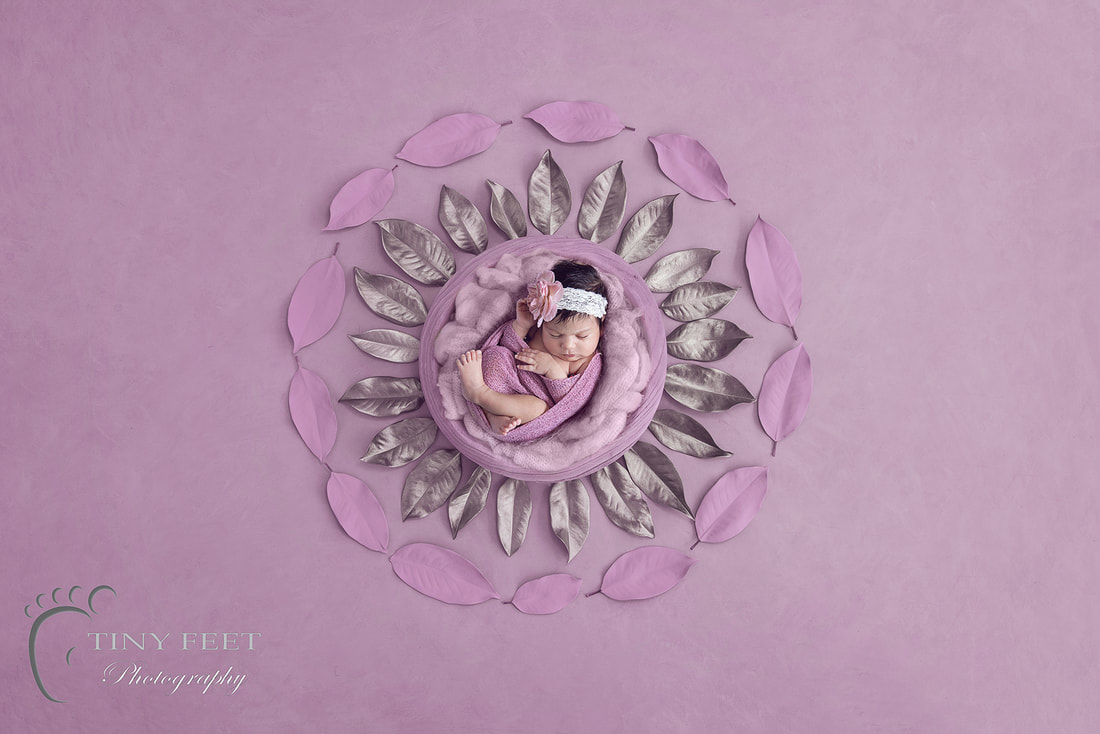 Tiny Feet Photography newborn baby girl posed in purple digital backdrop