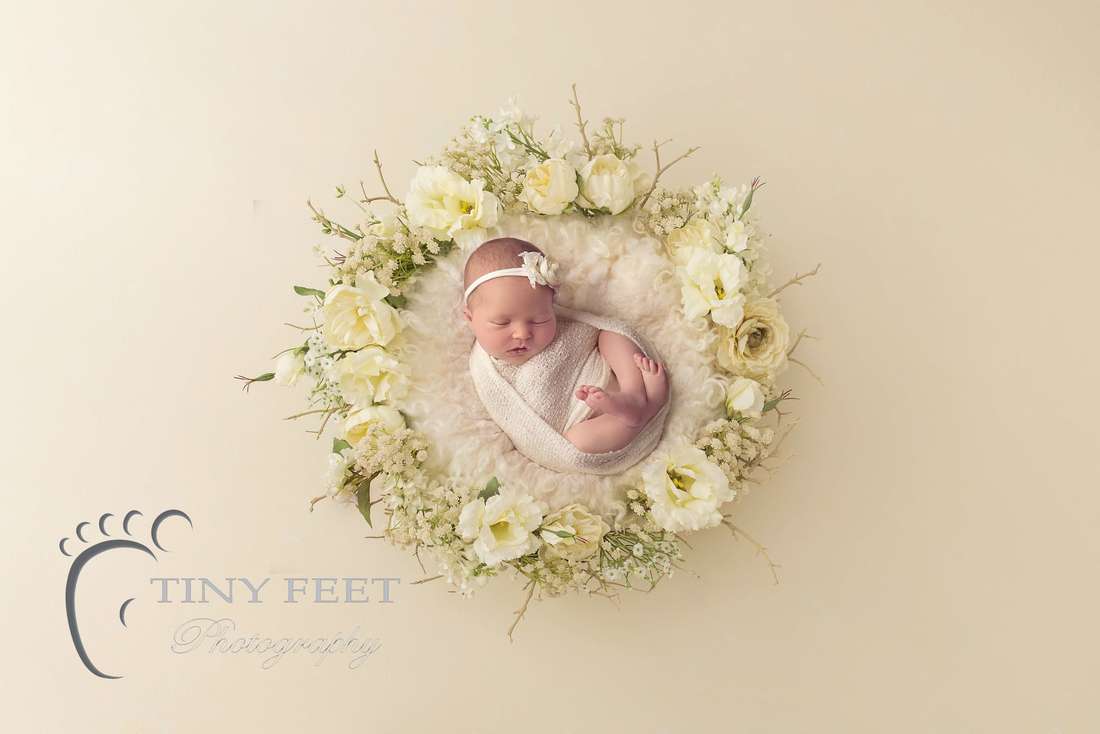 Tiny Feet Photography Newborn baby girl posed in digital backdrop